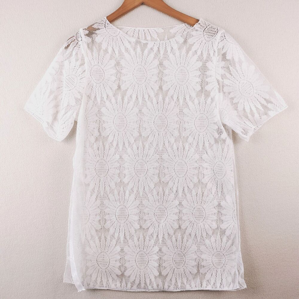 Womens White Floral Open Knit Shear Lacey Beach BOHO Crochet Coverup Top Size S